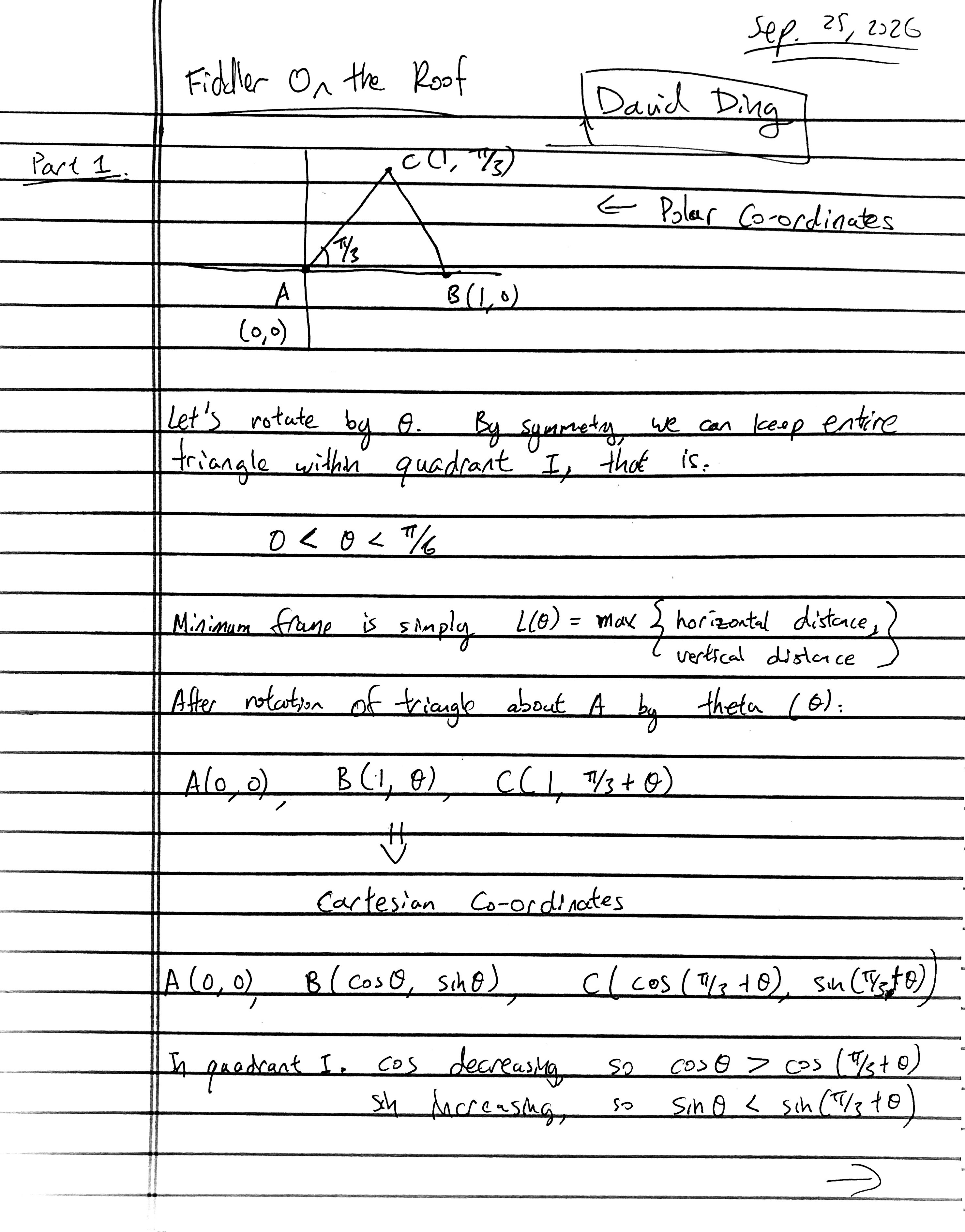 Page 1 of David Ding's handwritten solution to Can You Frame the Triangle?